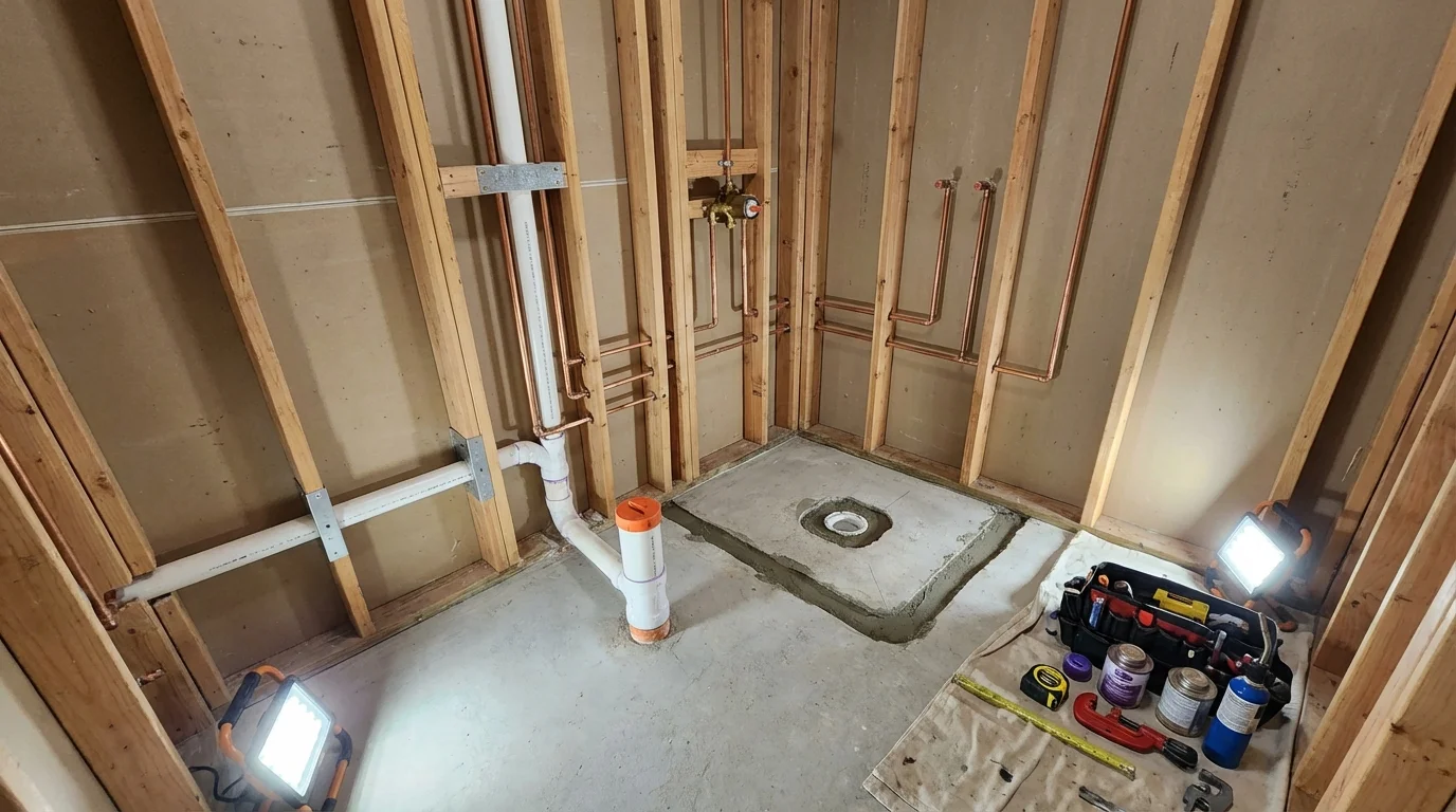 Bathroom rough-in plumbing during remodel by Johns Plumbing LLC in Hogansville