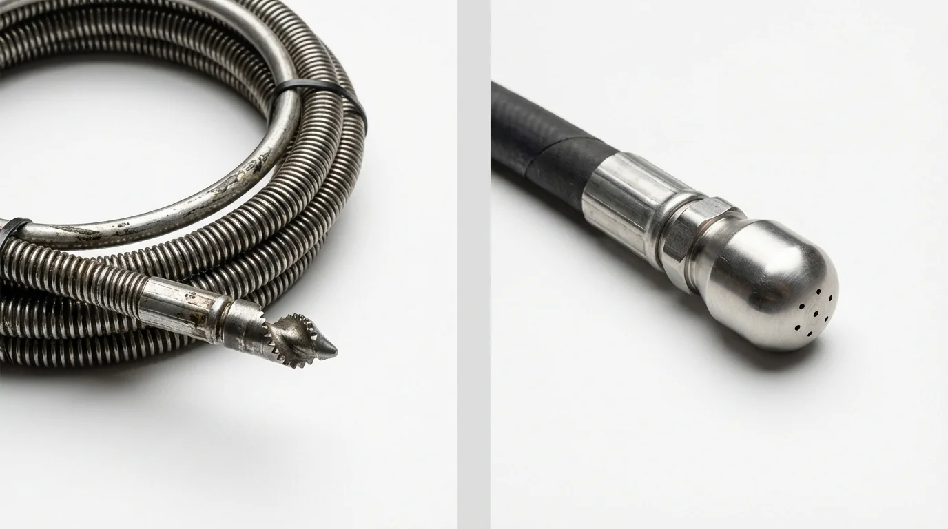 Drain snake cable and hydro jetting nozzle used for drain cleaning in Hogansville, GA