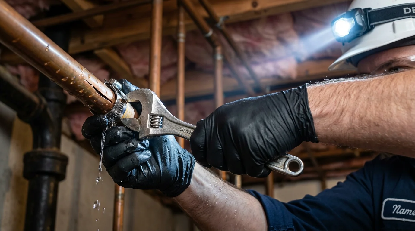 Emergency pipe clamp repair being performed by a Johns Plumbing LLC plumber in Hogansville