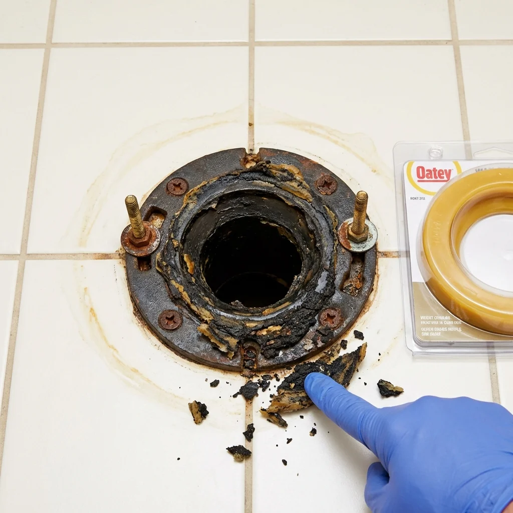 Failed wax ring showing water seepage at the base of a toilet in a Hogansville, GA home
