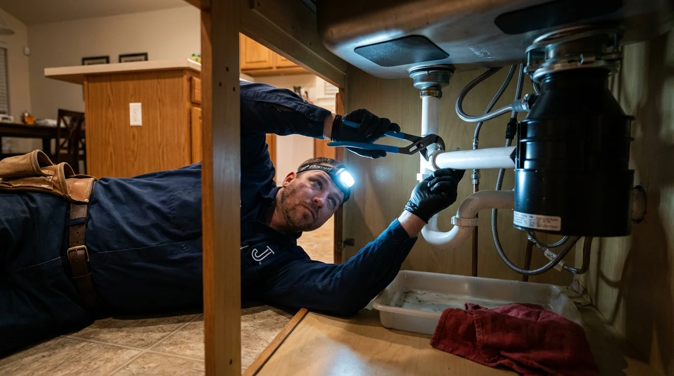 P-trap and supply line connections under a kitchen sink showing a common leak point in Hogansville, GA